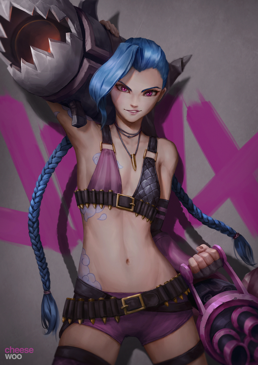 1girl ammunition_belt armpits artist_name asymmetrical_legwear bandolier belt blue_hair braid breast_tattoo bullet_necklace cheesewoo cowboy_shot flat_chest gatling_gun graffiti gun highres holding holding_gun holding_weapon jinx_(league_of_legends) league_of_legends long_hair looking_at_viewer navel pink_eyes purple_shorts rocket_launcher shadow shell_casing short_shorts shorts smirk solo tattoo twin_braids uneven_legwear v-shaped_eyebrows v-shaped_eyes very_long_hair weapon