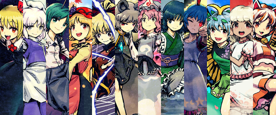 6+girls aki_minoriko autumn_leaves belt black_background black_shirt blouse blue_headwear brown_shirt butterfly_wings ebisu_eika eternity_larva goutokuji_mike hair_between_eyes hat insect_wings kurodani_yamame leaf letty_whiterock meimaru_inuchiyo mob_cap multicolored_shirt multiple_girls nazrin neck_bell orange_shirt pink_background purple_belt red_background rumia saigyouji_yuyuko seiran_(touhou) shirt stage_connection touhou wakasagihime white_background white_shirt wings wriggle_nightbug