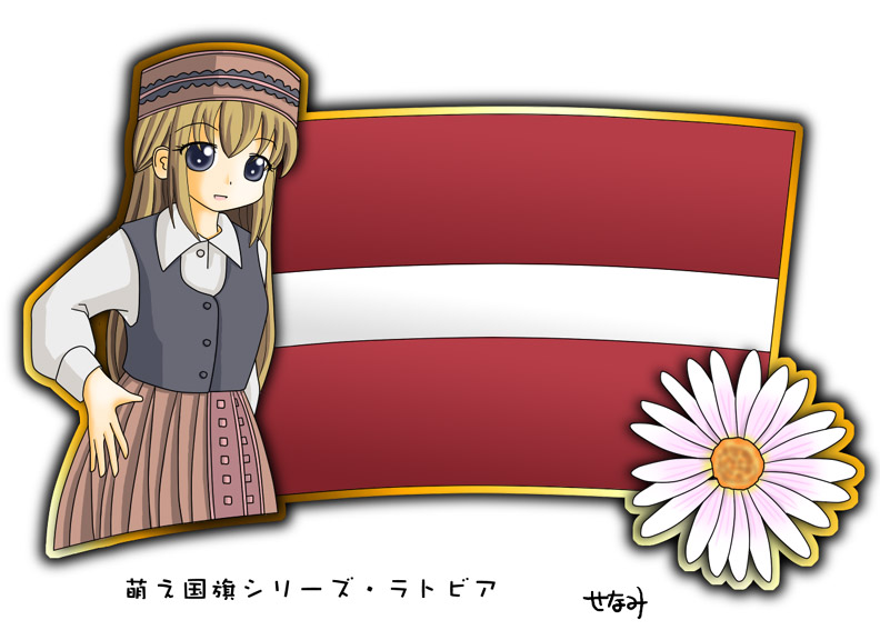 1girl blonde_hair blue_eyes daisy_(flower) european_clothes flag flower hat latvia latvian_flag long_hair murakami_senami