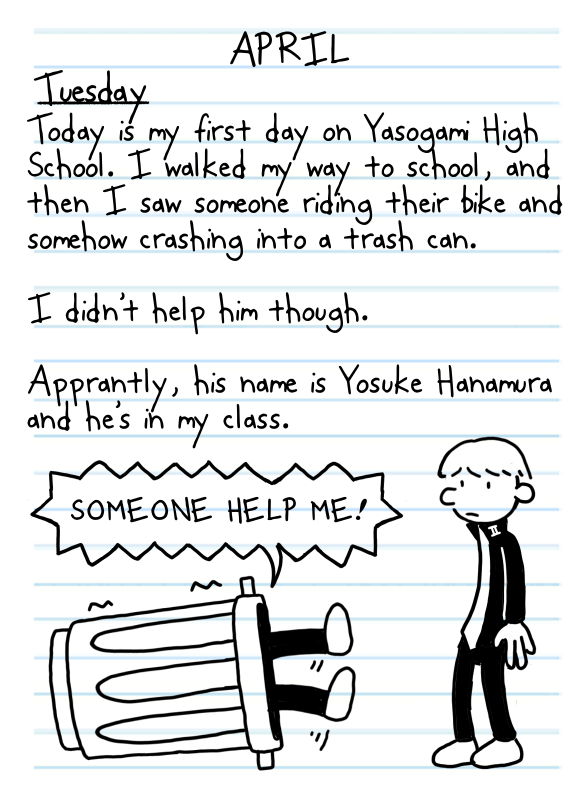 2boys black_pants commentary diary_of_a_wimpy_kid english_commentary english_text hanamura_yousuke mentosberi multiple_boys narukami_yu pants parody persona persona_4 scene_reference school_uniform short_hair speech_bubble stick_figure style_parody trash_can yasogami_school_uniform