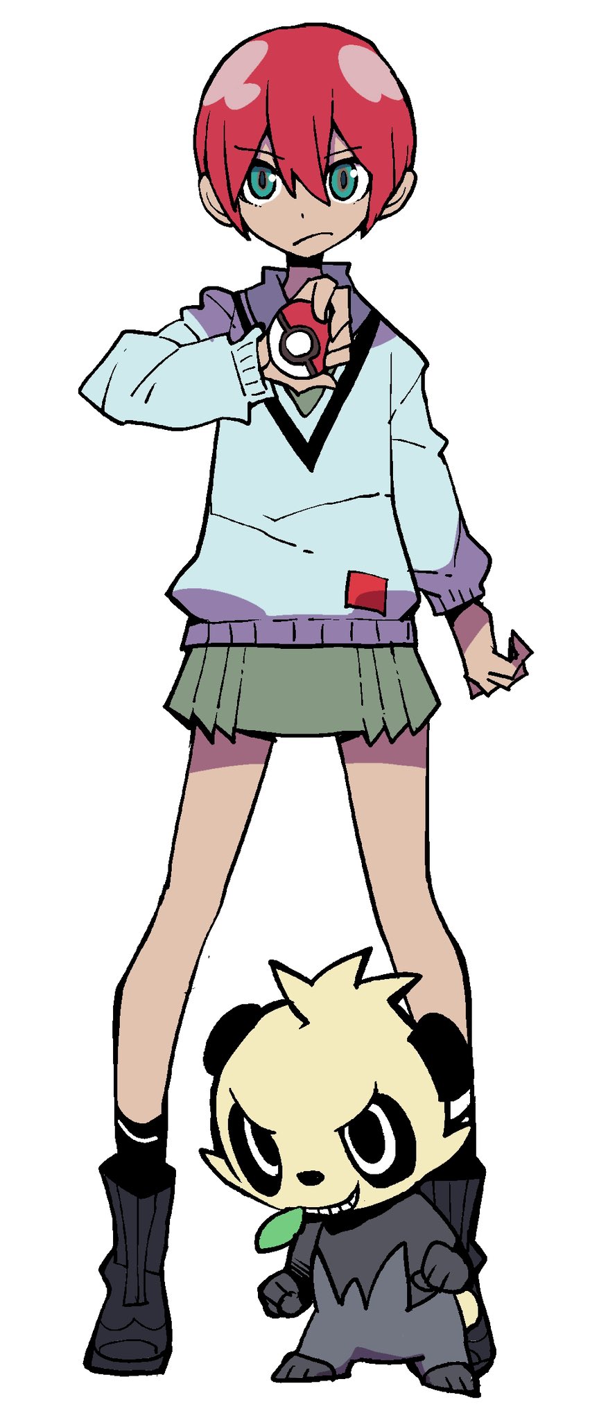 1girl amate_yuzuriha black_socks blue_eyes closed_mouth commentary_request crossover dowman_sayman full_body gen_6_pokemon green_skirt grin gundam gundam_gquuuuuux hair_between_eyes highres holding holding_poke_ball long_sleeves looking_at_viewer nintendo pancham poke_ball poke_ball_(basic) pokemon pokemon_(creature) red_hair shoes short_hair simple_background skirt smile socks standing white_background