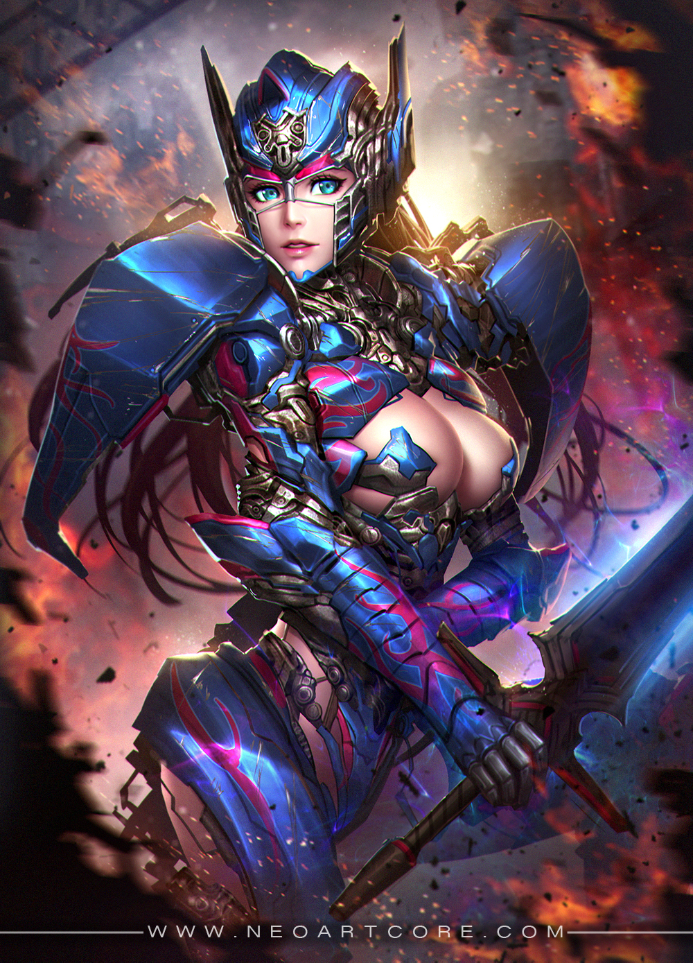 1girl armor blue_eyes breasts cleavage cleavage_cutout clothing_cutout cowboy_shot explosion female_focus genderswap genderswap_(mtf) highres holding holding_sword holding_weapon large_breasts lips mecha_musume neoartcore optimus_prime personification scratches smoke solo sparks sword transformers transformers:_age_of_extinction transformers_(live_action) watermark weapon web_address