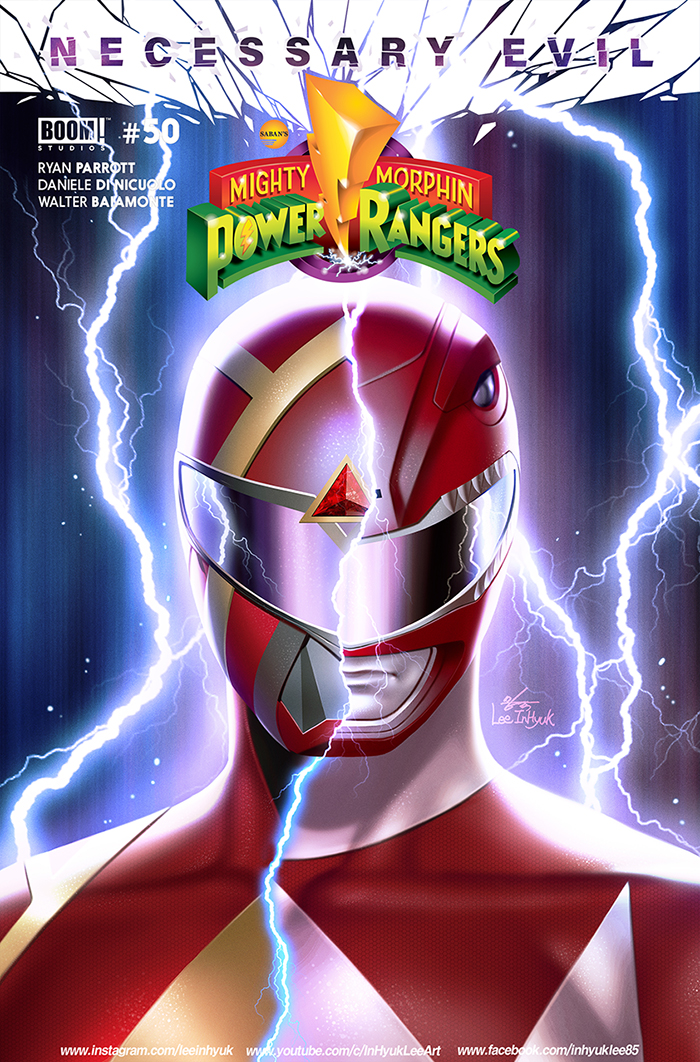 1boy artist_name bodysuit boom!_studios comic_cover cover_image helmet in-hyuk_lee instagram_username male_focus mask mighty_morphin_power_rangers mighty_morphin_red_ranger official_art omega_red_ranger power_rangers power_rangers_(boom!_studios) red_bodysuit rocky_desantos saban_entertainment signature tokusatsu tyranno_ranger western_comics_(style)