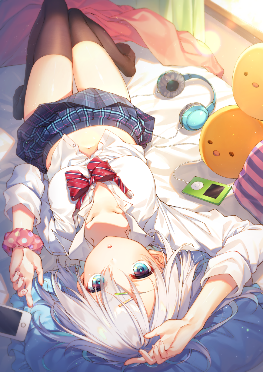 1girl :o arm_up bed blue_eyes blue_skirt bow bowtie breasts brown_thighhighs cable collarbone collared_shirt commentary_request curtains day digital_media_player dress_shirt female_focus hair_between_eyes hair_ornament hairclip hand_up headphones headphones_removed highres indoors ipod knees_up light_particles long_sleeves looking_at_viewer lying medium_breasts midriff miniskirt moe2019 navel no_shoes on_back on_bed original parted_lips partially_unbuttoned pillow plaid_clothes plaid_skirt pleated_skirt polka_dot red_bow red_bowtie school_uniform scrunchie shirt short_hair sidelocks silver_hair skirt solo striped_bow striped_bowtie striped_clothes striped_neckwear stuffed_toy sunlight thighhighs thighs toosaka_asagi upside-down white_shirt window wrist_scrunchie