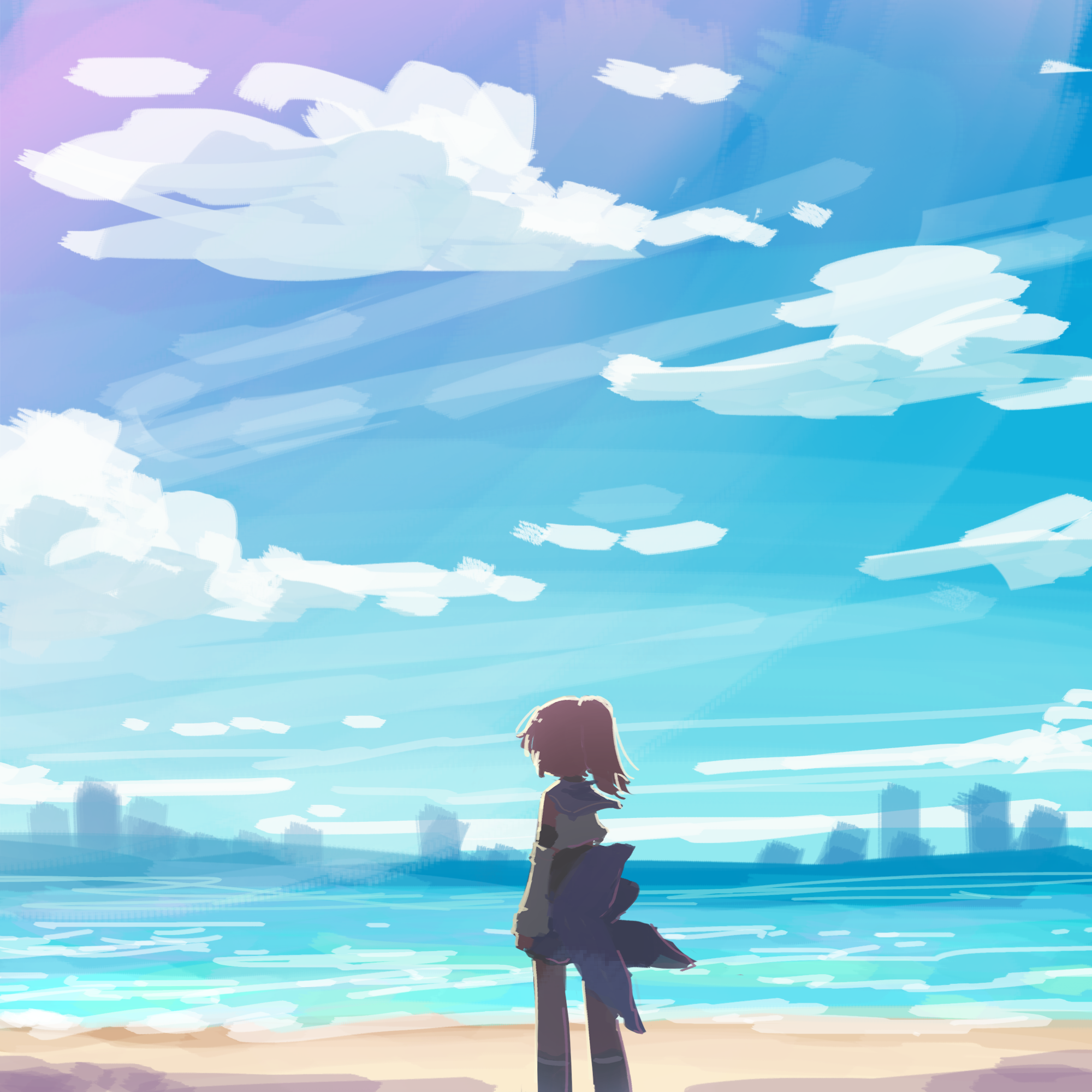 1girl arm_at_side assault_lily beach black_boots blue_sailor_collar blue_skirt blue_sky boots brown_hair brown_pantyhose building cloud commentary_request crop_top day detached_sleeves facing_away feet_out_of_frame from_behind highres horizon long_sleeves medium_hair miniskirt nagasawa_yuki_(assault_lily) ocean odaiba_girls_high_school_uniform outdoors pantyhose ponytail ruins sailor_collar school_uniform serafuku shirt skirt sky skyscraper sleeveless sleeveless_shirt solo standing teisuu undershirt waist_cape white_shirt