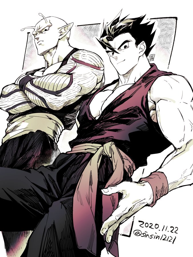 2boys abs bare_pectorals closed_mouth crossed_arms dated dougi dragon_ball dragonball_z from_below limited_palette looking_at_viewer male_focus multiple_boys muscular muscular_male pectoral_cleavage pectorals piccolo pointy_ears sash shin_(sinsin12121) signature simple_background smile son_gohan spiked_hair twitter_username