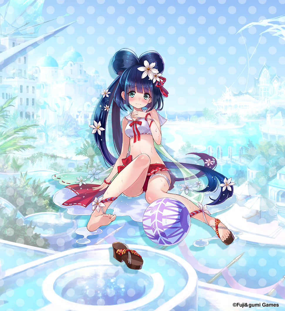 1girl absurdly_long_hair aqua_eyes arm_support bikini bikini_skirt blue_hair blush breasts brown_sandals closed_mouth commentary copyright_notice flower full_body hair_flower hair_ornament long_hair looking_at_viewer navel neck_ribbon official_alternate_costume official_art oimo_(gumi) phantom_of_the_kill red_ribbon red_skirt ribbon sandals second-party_source single_sandal sitting skirt small_breasts solo swimsuit very_long_hair wet white_flower yoichi_(phantom_of_the_kill)
