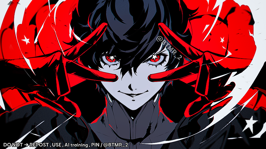 1boy amamiya_ren black_coat black_hair btmr_game coat commentary double_inward_v double_v english_commentary eyelashes gloves hair_between_eyes joker_(persona_5) looking_at_viewer m@gical_cure!_love_shot!_(vocaloid) male_focus meme miku_miku_beaaaam!!_(meme) parody persona persona_5 red_eyes red_gloves solo star-shaped_pupils star_(symbol) symbol-shaped_pupils twitter_username upper_body v v_over_eye