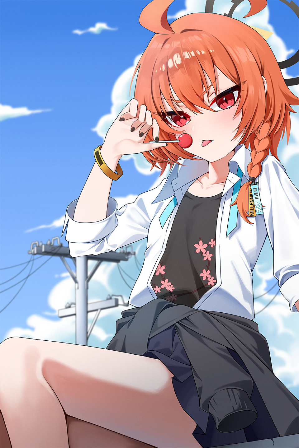 1girl ahoge bare_legs black_halo black_jacket black_nails black_shirt black_skirt blue_archive blue_sky blurry blurry_background braid candy clothes_around_waist cloud cloudy_sky collarbone commentary day flat_chest floral_print food hair_between_eyes hair_ornament halo high-waist_skirt highres holding holding_candy holding_food holding_lollipop huge_ahoge jacket jacket_around_waist lollipop long_hair neru_(blue_archive) neru_(school_uniform)_(blue_archive) noa_(noa01010) open_clothes open_shirt orange_hair outdoors pleated_skirt red_eyes shirt shirt_tucked_in shirt_under_shirt sidelocks single_braid skirt sky slit_pupils solo tongue tongue_out tsurime utility_pole v-shaped_eyebrows white_shirt
