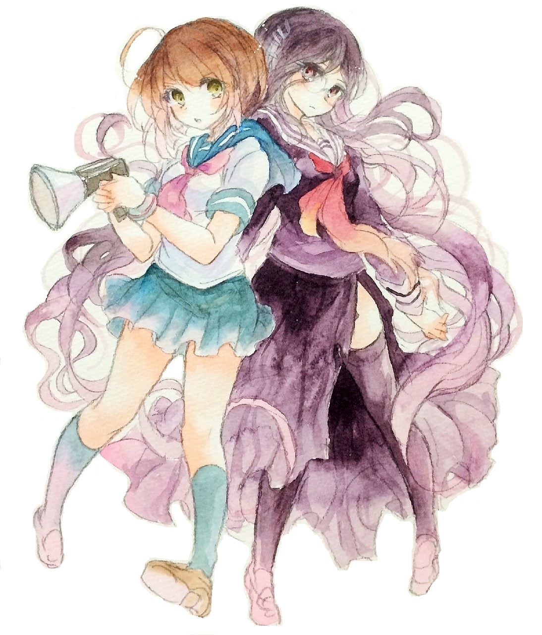2girls ahoge blue_skirt blue_socks blush brown_hair closed_mouth commentary_request danganronpa_(series) danganronpa_another_episode:_ultra_despair_girls eyelashes fina_(sa47rin5) fukawa_toko glasses green_eyes highres holding holding_megaphone kneehighs long_hair long_skirt long_sleeves megaphone multiple_girls naegi_komaru neckerchief open_mouth purple_eyes purple_hair purple_serafuku purple_shirt purple_skirt purple_thighhighs red_neckerchief round_eyewear sailor_collar school_uniform serafuku shirt shoes short_hair short_sleeves simple_background skirt socks thighhighs torn_clothes torn_skirt very_long_hair white_background white_sailor_collar white_shirt