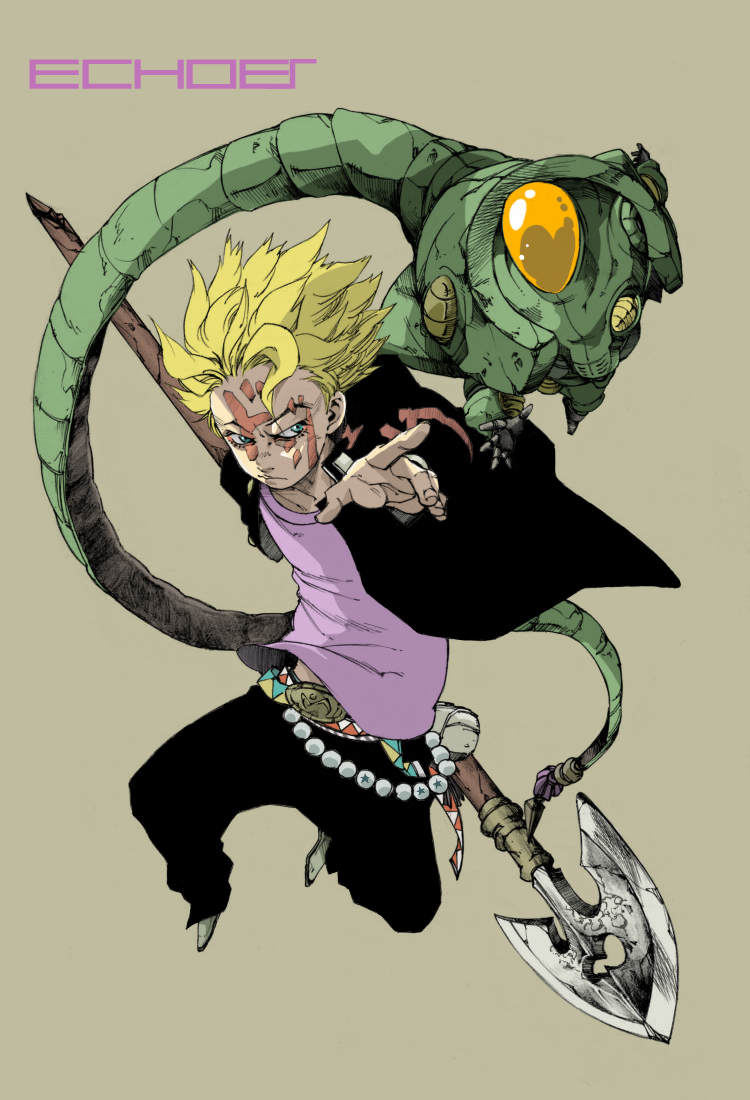 1boy arrow_(jojo) belt blonde_hair blue_eyes echoes_(stand) echoes_act2 facial_mark hirose_koichi jojo_no_kimyou_na_bouken makkamu outstretched_arm pointing polearm purple_shirt shirt simple_background spear spiked_hair weapon