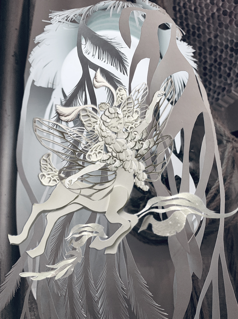 1girl antennae arm_up centaur centauroid closed_mouth commentary english_commentary fairy fantasy flying honeycomb_(pattern) hooves insect_wings laurel_crown leaf light_bulb long_hair looking_to_the_side monochrome monster_girl original paper_cutout_(medium) papercraft_(medium) plant smile solo string taur unconventional_media wings zhanswork