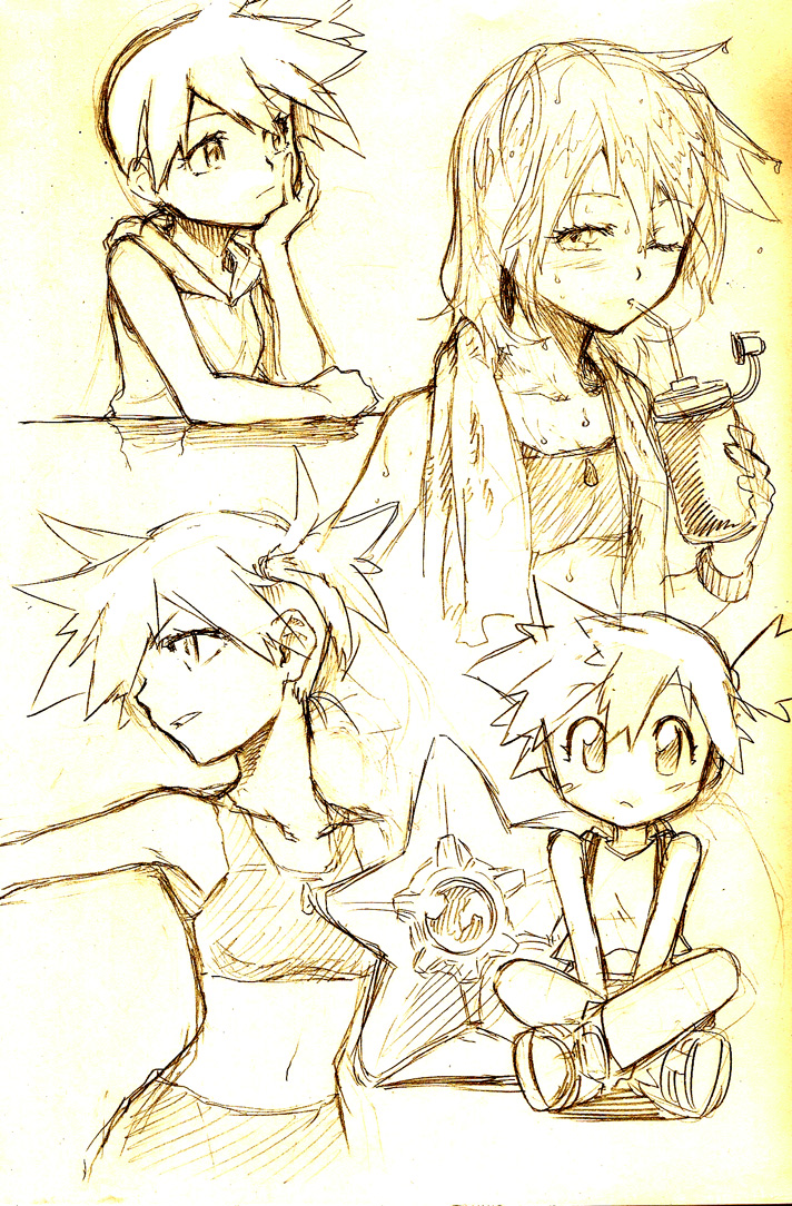 1girl asymmetrical_hair breasts cowboy_shot creatures_(company) curvy denim denim_shorts game_freak gen_1_pokemon legs midriff misty_(pokemon) navel nib_pen_(medium) nintendo one-piece_swimsuit one_eye_closed open_mouth orange_hair pen_(medium) pokemon pokemon_(anime) pokemon_(classic_anime) pokemon_hs16 pokemon_tcg ponytail sei_jun seijun short_hair shorts side_ponytail simple_background smile standing staryu suspenders swimsuit tank_top traditional_media wet white_background wink