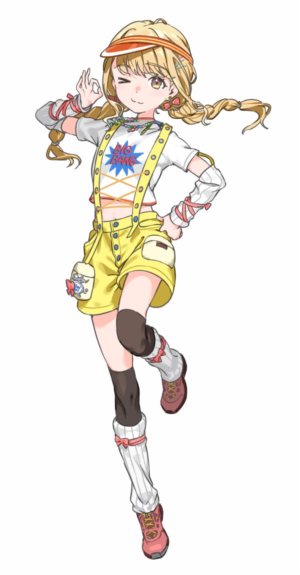 1girl arm_ribbon arm_warmers bead_necklace beads black_thighhighs blonde_hair braid closed_mouth detached_sleeves floating_hair fujita_kotone full_body gakuen_idolmaster haimura_kiyotaka hair_tie hand_on_own_hip idolmaster jewelry leg_warmers long_hair looking_at_viewer navel necklace ok_sign one_eye_closed pink_ribbon ribbon ribbon_earrings shirt shoes short_sleeves shorts simple_background smile sneakers solo standing standing_on_one_leg suspender_shorts suspenders thighhighs twin_braids visor_cap white_arm_warmers white_background white_shirt yellow_big_bang!_(idolmaster) yellow_eyes