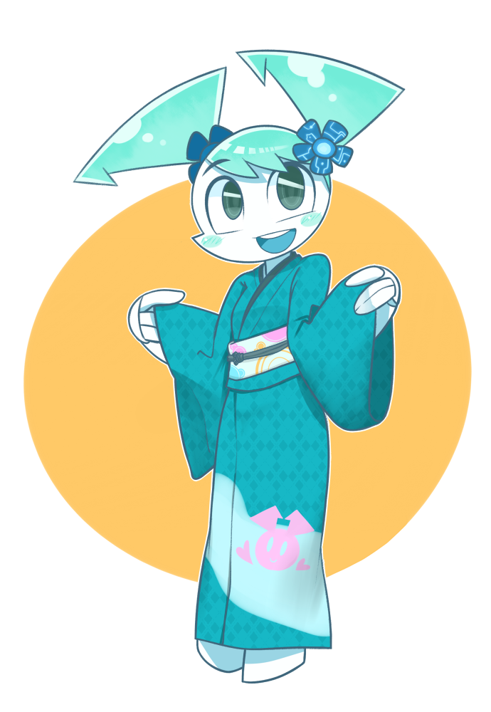 1girl android blue_hair blue_kimono colored_skin dishwasher9 flower flower_ornament humanoid_robot japanese_clothes jenny_wakeman kimono my_life_as_a_teenage_robot nickelodeon robot robot_girl twintails white_skin wide_sleeves