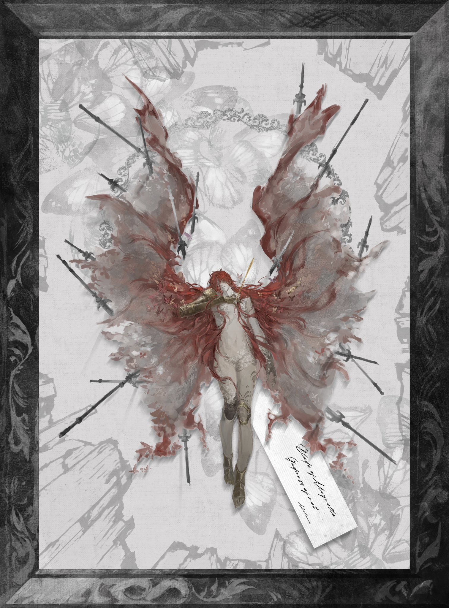 1girl amputee bug butterfly elden_ring golden_sword highres insect jiao_chang malenia_blade_of_miquella malenia_goddess_of_rot mechanical_arms nude prosthesis prosthetic_arm prosthetic_leg scar scarlet_aeonia_(elden_ring) scars_all_over single_mechanical_arm too_many too_many_butterflies triple_amputee wings