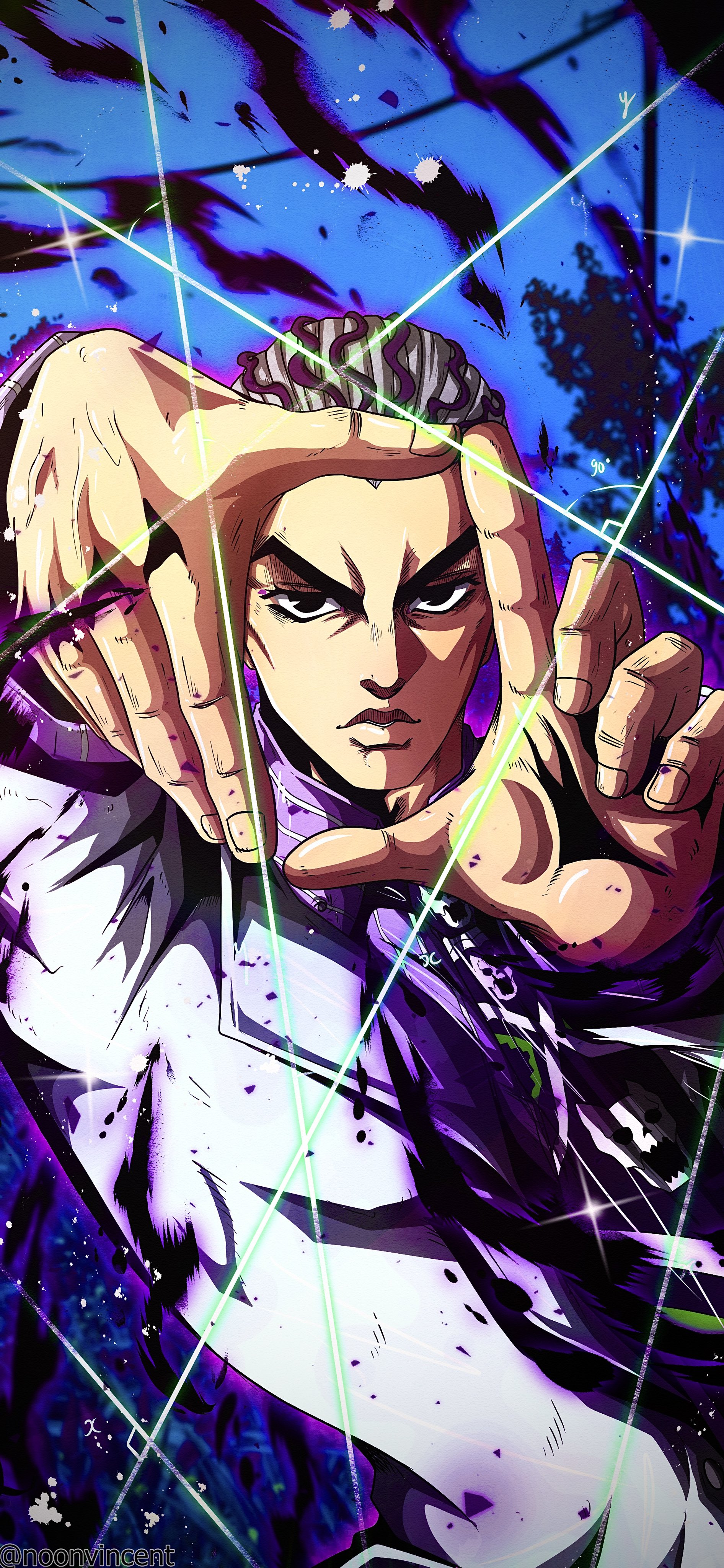 1boy absurdres black_eyes black_hair black_necktie collared_shirt diamond_wa_kudakenai highres jacket jojo_no_kimyou_na_bouken jojo_pose kawajiri_kosaku kira_yoshikage kira_yoshikage_(bite_the_dust)_(pose) looking_at_viewer necktie noonvincent purple_shirt shirt signature striped_hair tuxedo upper_body white_hair white_jacket