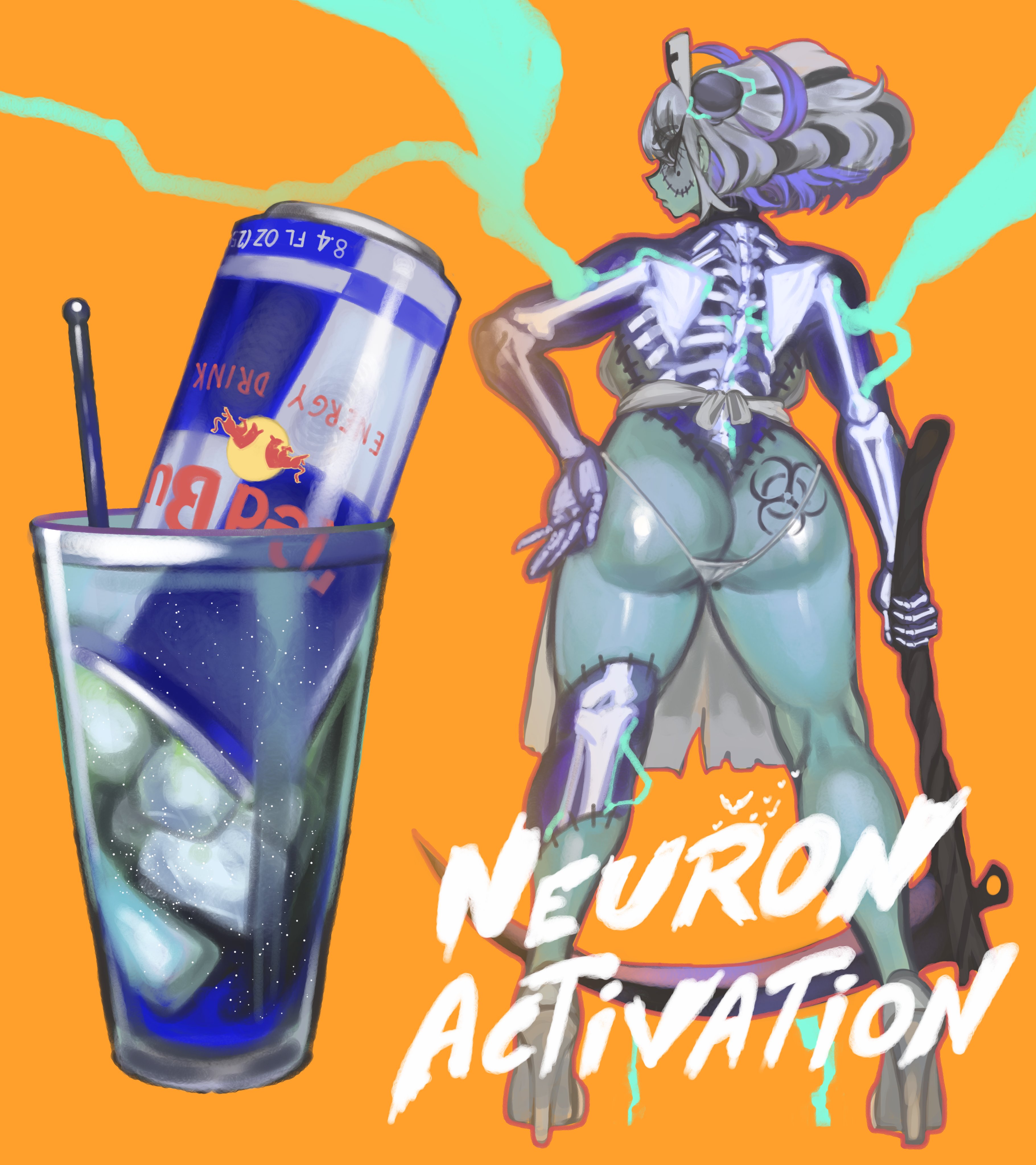 1girl absurdres alternate_costume apron ass ass_tattoo aura back_turned bare_legs bare_shoulders baroque_(keziedra) biohazard_symbol blonde_hair breasts can colored_inner_hair colored_skin cosplay cup drink drink_can electricity energy_drink english_text exposed_bone expressionless eyelashes food frankenstein's_monster frankenstein's_monster_(cosplay) from_behind full_body green_skin halloween_costume hand_on_own_hip high_heels highres holding holding_scythe keziedra looking_at_viewer looking_back marking_on_cheek mole mole_on_cheek mole_under_eye multicolored_hair nearly_naked_apron object_through_head orange_background original panties profile purple_hair red_bull screw_in_head scythe see-through_body shaved_ice short_hair sideways_glance skeleton soda_can solo standing stitched_face stitched_leg stitched_torso stitches two-tone_hair underwear white_apron white_panties zombification