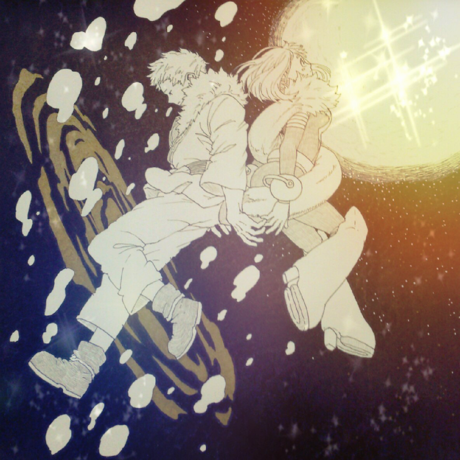 1boy 1girl boku_no_hero_academia boots dimples dougi floating fur_trim karate_gi medium_hair monochrome moss_chicken ojiro_mashirao pants short_hair space star_(sky) sun superhero_costume tail tail_wrap uraraka_ochako