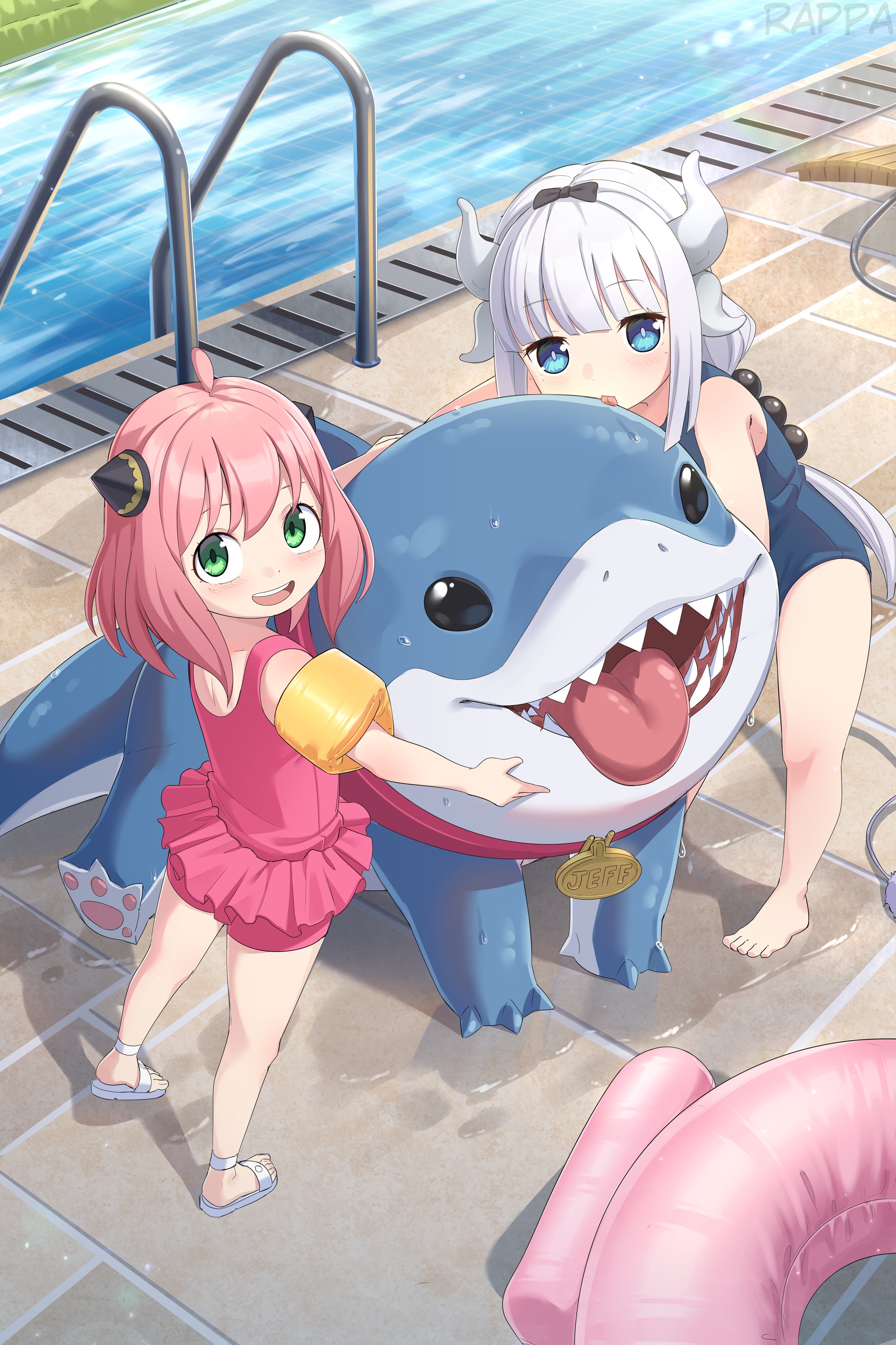 1boy 2girls absurdres animal_hands anya_(spy_x_family) artist_name barefoot beads black_hairband blue_eyes bow_hairband chair child crossover dragon_horns dragon_tail fins fish_tail green_eyes hair_beads hair_ornament hairband hairpods highres horns hug inflatable_armbands innertube jeff_(marvel) kanna_kamui kobayashi-san_chi_no_maidragon licking long_hair looking_at_viewer lounge_chair marvel marvel_rivals medium_hair multiple_girls name_tag one-piece_swimsuit open_mouth pink_hair pool_ladder purple_hair rappa_(sirrappa) sandals school_swimsuit shark shark_fin shark_tail sharp_teeth shin_strap spy_x_family swim_ring swimsuit tail teeth tongue tongue_out twintails very_long_hair water watermark wet white_sandals
