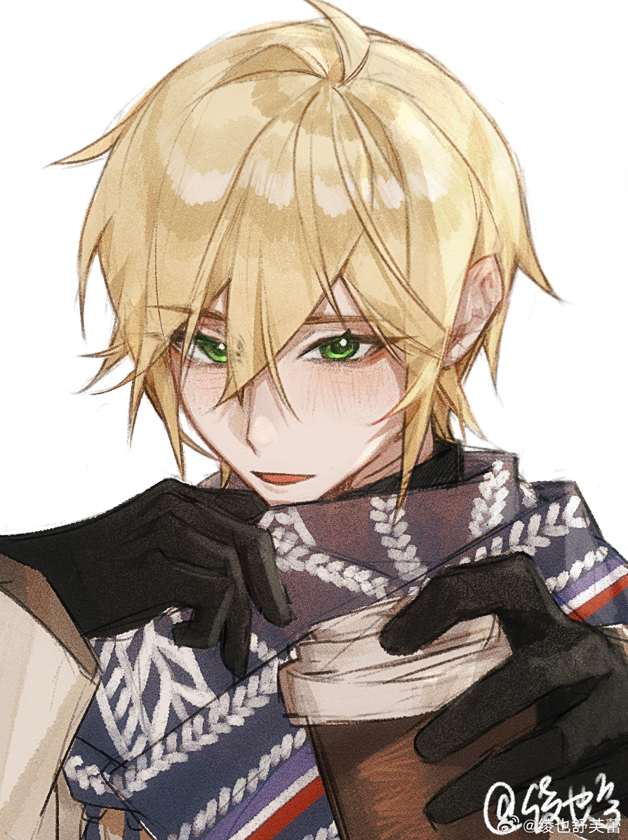 1boy :d adjusting_scarf ahoge alkaid_mcgrath black_gloves blonde_hair blue_scarf blush chinese_commentary cup disposable_coffee_cup disposable_cup double-parted_bangs gloves green_eyes hair_between_eyes holding holding_cup ling_ye_shufulei long_sleeves looking_at_viewer lovebrush_chronicles male_focus open_mouth parted_lips scarf shirt short_hair simple_background smile solo upper_body watermark weibo_watermark white_background white_shirt