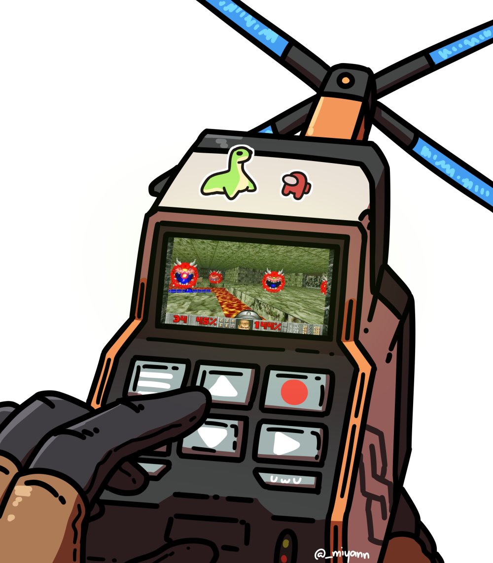 among_us apex_legends brown_gloves buttons cacodemon commentary cool_s crewmate_(among_us) crossover deep_current_wattson doom_(series) doom_i doomguy english_commentary female_pov gloves holding meme miyan_(oceanmaiden) nessie_(respawn) pov red_(among_us) screen taser twitter_username wattson_(apex_legends) white_background