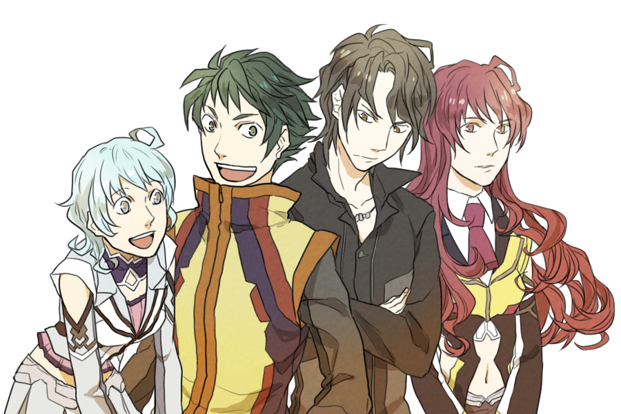 2boys 2girls ahoge al-3_alice bad_id bad_pixiv_id banpresto blue_eyes blue_hair brown_hair green_eyes green_hair hl-0_haruno long_hair midriff multiple_boys multiple_girls nagumo_ichitaka necktie red_eyes red_hair sunamamire super_robot_wars super_robot_wars_l uniform yuunagi_graif