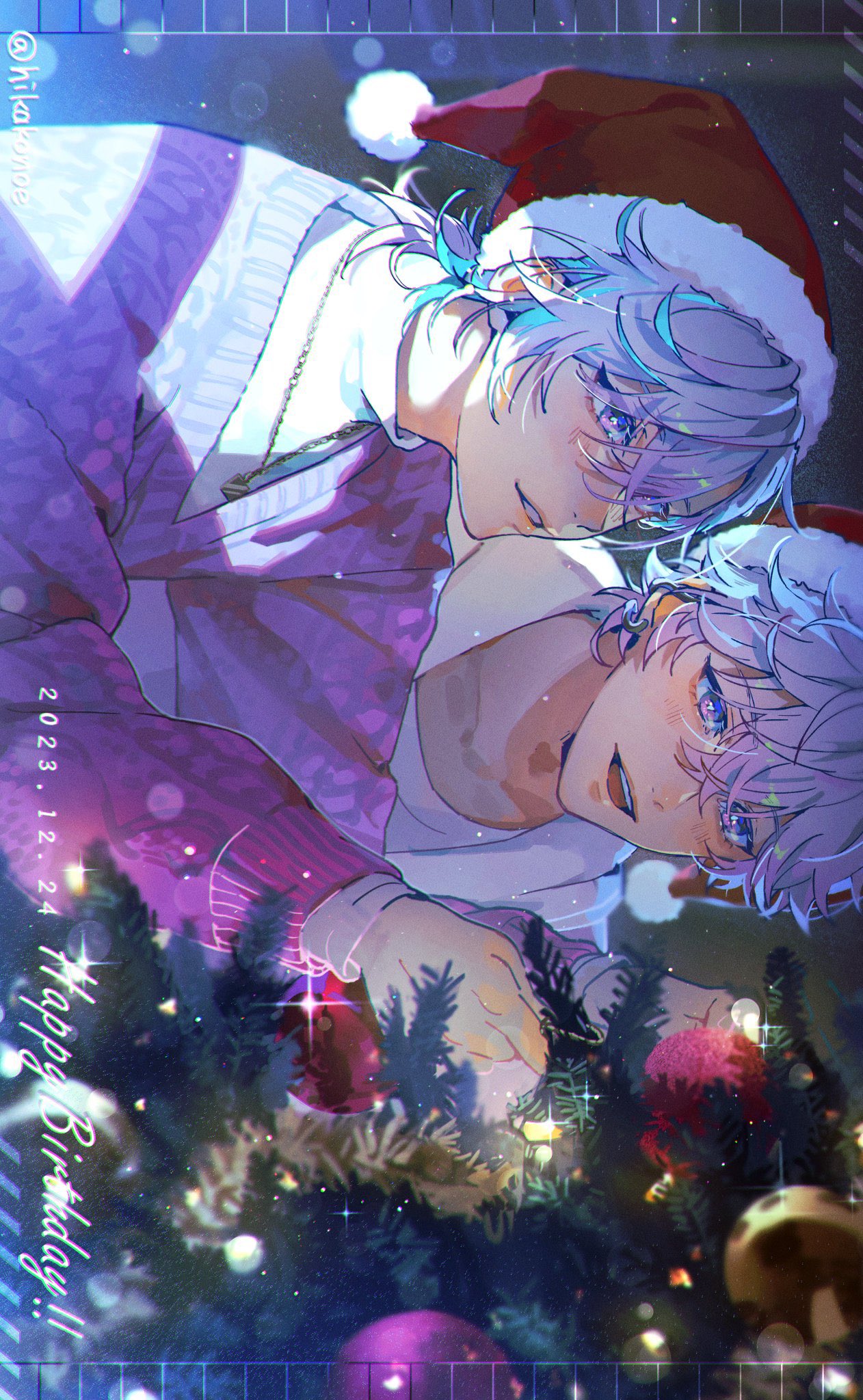 2023 2boys aqua_hair brothers christmas christmas_tree closed_mouth cozmez_(paradox_live) dated happy_birthday hat highres hikakonoe long_sleeves male_focus multicolored_hair multiple_boys paradox_live purple_eyes purple_hair purple_sweater santa_hat shirt siblings smile sweater teeth twins white_shirt yatonokami_kanata yatonokami_nayuta