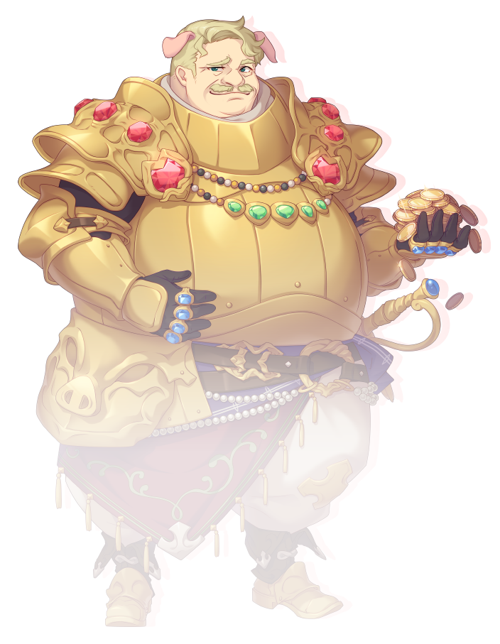 1boy animal_ears aqua_eyes arm_guards armor armored_shoes azold_(princess_connect!) black_gloves blonde_hair blue_gemstone body_armor closed_mouth coin drop_shadow facial_hair fat fat_man full_body gem gloves gold_armor gold_coin gold_shoes green_gemstone holding holding_coin looking_at_viewer male_focus mustache official_art pauldrons pearl_(gemstone) pig_boy pig_ears princess_connect! red_gemstone shoes short_hair shoulder_armor smirk solo standing tachi-e thick_eyebrows transparent_background