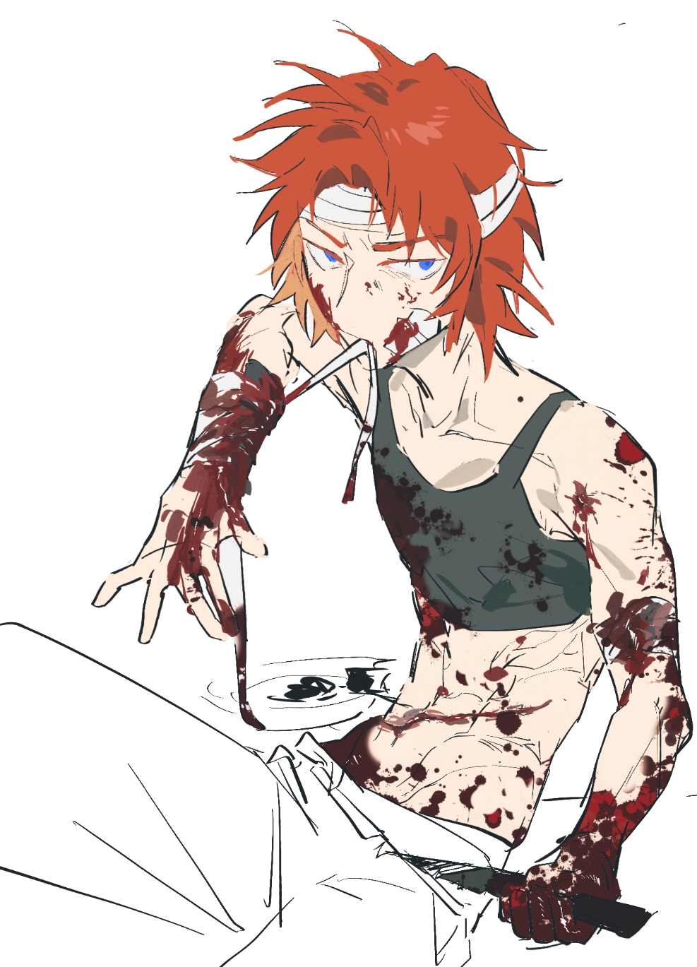 1girl alternate_costume annie_(saibou_shinkyoku) bandage_in_mouth bandaged_arm bandaged_head bandages black_sports_bra blood blood_on_arm blood_on_clothes blood_on_face blood_on_hands blood_on_shoulder blood_on_stomach blue_eyes collarbone highres holding holding_knife knife mao_rongrong_huli_chu pants red_hair saibou_shinkyoku short_hair simple_background solo sports_bra toned toned_female unfinished white_background