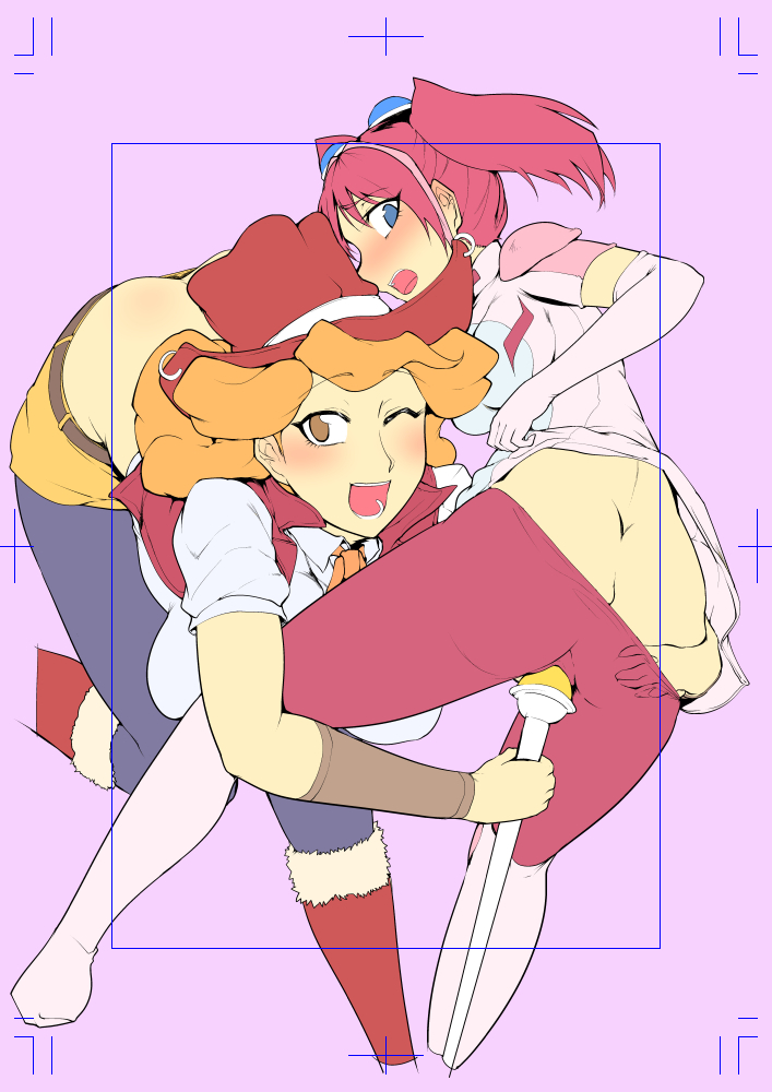 2girls ass ass_grab blonde_hair breasts butt_crack cowboy_hat female_focus floating_hair happy hat hiiragi_yuzu hug large_breasts long_hair looking_at_viewer looking_back melissa_claire multiple_girls sagattoru shorts twintails yu-gi-oh! yu-gi-oh!_arc-v