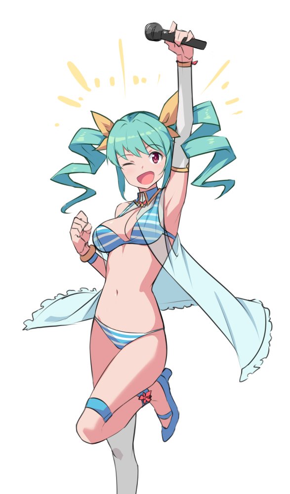 1girl ;d aqua_hair arm_up armpits bikini blue_shoes breasts clenched_hand commentary detached_sleeves drill_hair female_focus hair_ornament high_heels long_hair looking_at_viewer medium_breasts microphone navel official_art one_eye_closed open_mouth rabi-ribi red_eyes ribbon saiste seana_(rabi-ribi) see-through_clothes shoes simple_background single_detached_sleeve single_thighhigh smile solo standing standing_on_one_leg stomach striped_bikini striped_clothes swimsuit thighhighs twin_drills twintails white_background white_thighhighs yellow_ribbon