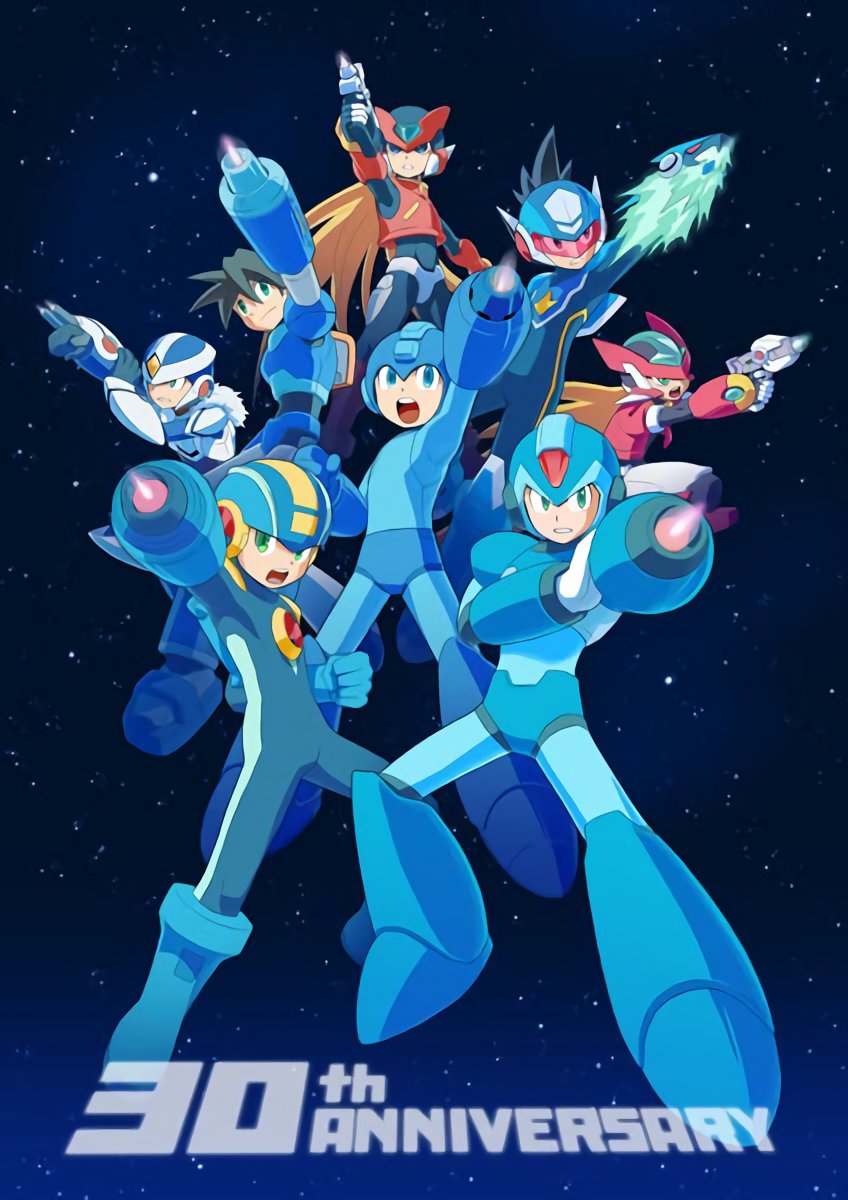 6+boys aile_(mega_man_zx) anniversary arm_cannon blonde_hair blue_eyes boots brown_hair buster capcom full_body fur_collar green_eyes headgear helmet highres hoshikawa_subaru jumping long_hair male_focus mega_man_(classic) mega_man_(series) mega_man_11 mega_man_battle_network mega_man_legends_(series) mega_man_star_force_(series) mega_man_volnutt mega_man_x_(series) mega_man_zero_(series) mega_man_zx megaman.exe multiple_boys open_mouth outstretched_arm over-1_(mega_man) rockman_xover running serious smile star_(symbol) star_symbol_background teeth text_focus vent_(mega_man) visor weapon x_(mega_man) zero_(mega_man)
