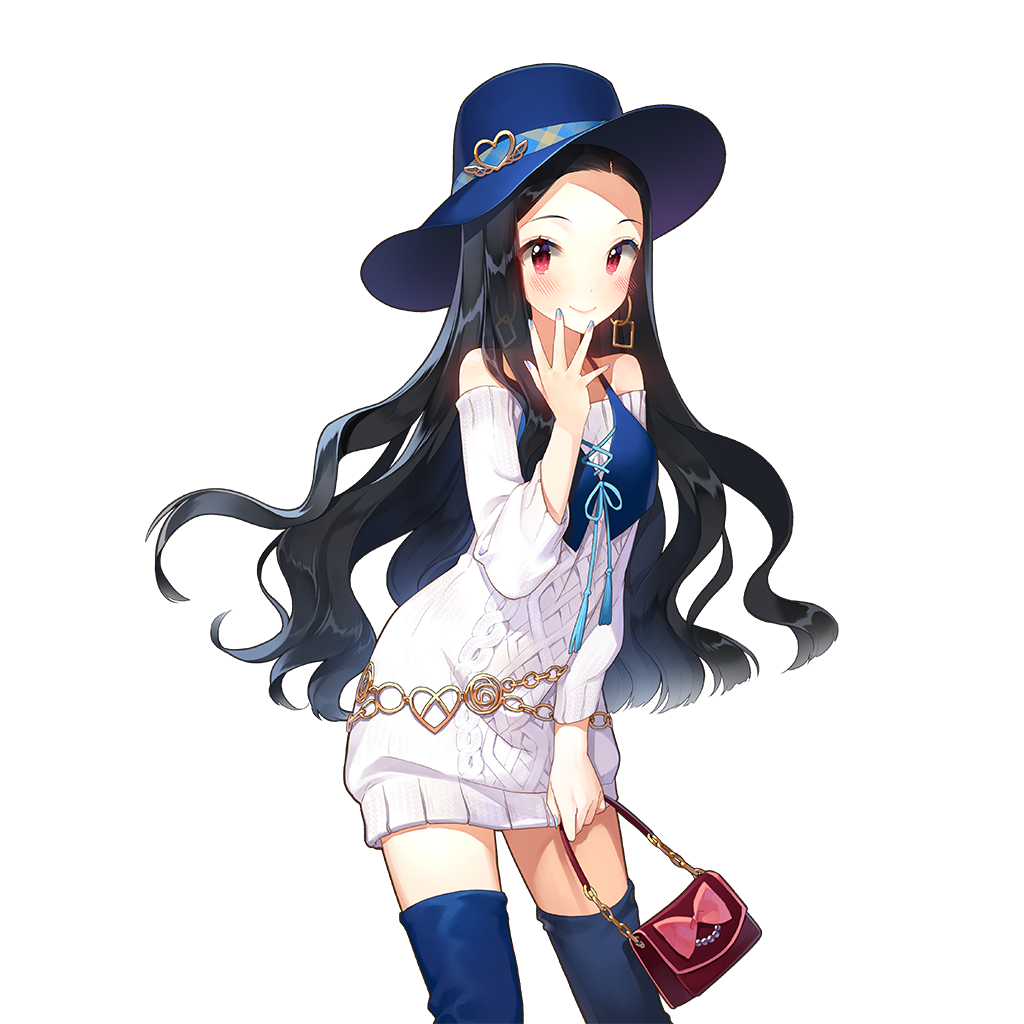 1girl alternate_costume bag bare_shoulders belt belt_buckle black_hair blue_bow blue_nails blue_ribbon blush bow breasts buckle casual choker clarice_lapis closed_mouth clothing_cutout collarbone cowboy_shot dress earrings finger_to_mouth fingernails forehead hand_to_own_mouth hand_up handbag hat heart holding holding_bag jewelry lace lace-trimmed_dress lace_trim long_hair long_sleeves looking_at_viewer nail_polish necklace off_shoulder parted_bangs red_eyes ribbed_sweater ribbon salt_(salty) see-through_clothes short_dress shoulder_bag shoulder_cutout simple_background skirt sleeveless sleeveless_dress small_breasts smile solo standing striped_background sweater thighhighs transparent_background turtleneck uchi_no_hime-sama_ga_ichiban_kawaii very_long_hair wavy_hair white_background white_dress white_skirt zettai_ryouiki