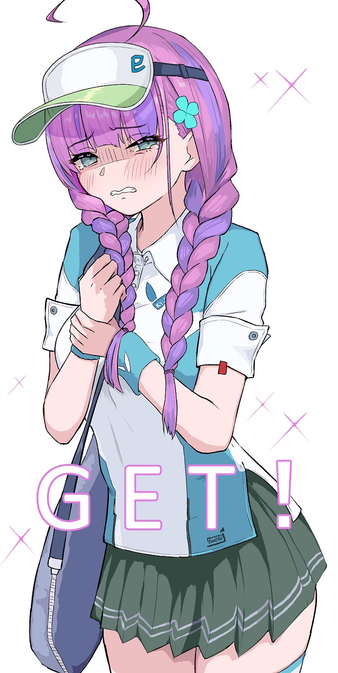 1girl 39fuseya ahoge aqua_eyes blush braid clover_hair_ornament date_akari hair_ornament heaven_burns_red highres long_hair multicolored_hair purple_hair skirt solo sportswear streaked_hair tennis_uniform twin_braids visor_cap