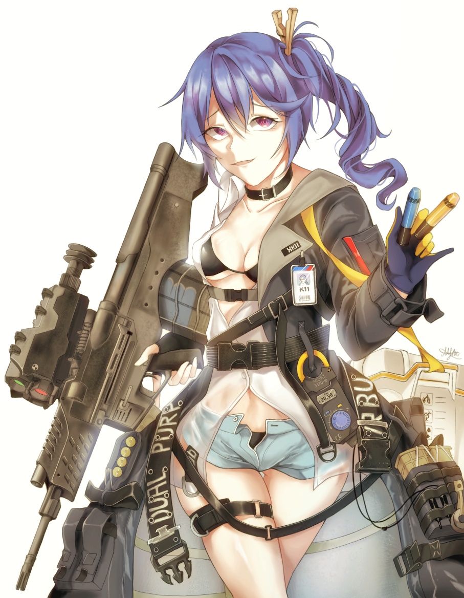 1girl 20x30mm_lv 20x30mm_lv_heab_k167 20x30mm_lv_p_k168 airburst_grenade_launcher airburst_round ammunition anti-materiel_cartridge assault_rifle bad_id bad_pixiv_id black_bra black_choker black_collar black_jacket black_panties blouse blue_gloves blue_hair blue_shorts bolt-action_grenade_launcher bolt_action bra breasts bullpup burst_fire_gun burst_fire_rifle cannon_cartridge carbine choker cleavage clothes_pull collar computerized_scope daewoo_k11 explosive feet_out_of_frame fragmentation_grenade fragmentation_warhead girls&#039;_frontline gloves grenade grenade_cartridge grenade_launcher gun hair_ornament hairclip high-explosive_airburst_round high-explosive_cartridge holding holding_weapon jacket jacket_pull k11_(girls&#039;_frontline) long_hair looking_at_viewer military_cartridge multi-weapon open_clothes open_mouth open_pants open_shirt panties pants parang practice_round precision-guided_firearm precision-guided_munition purple_eyes rifle scope see-through_clothes shirt short-barreled_rifle shorts sight_(weapon) small_breasts smart_grenade smart_scope solo standing subsonic_ammunition telescopic_sight thermal_weapon_sight translucent underbarrel_assault_rifle underbarrel_rifle underwear weapon white_background white_shirt