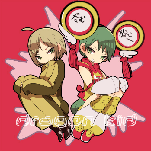 10s 2girls ahoge blonde_hair bruce_lee&#039;s_jumpsuit chinese_clothes detached_sleeves dragon_kid dual_persona green_eyes green_hair huang_baoling lowres multiple_girls picohebi shoes short_hair shorts sleeves_past_wrists sneakers superhero_costume thighhighs tiger_&amp;_bunny