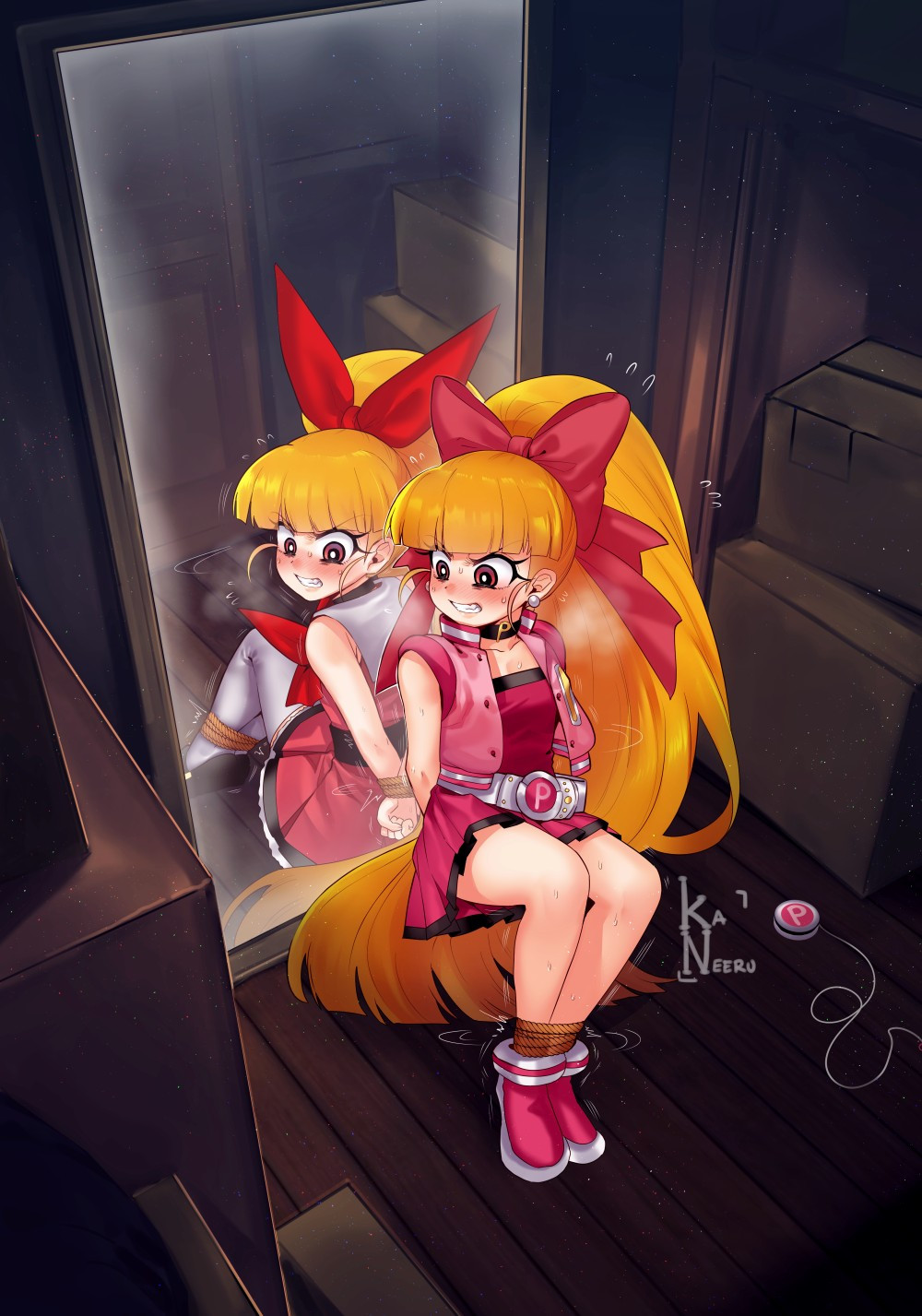 1girl angry bdsm belt blush bondage bound bound_ankles bound_wrists clenched_teeth different_reflection female_focus full_body grey_sailor_collar grey_thighhighs hair_ribbon highres hyper_blossom kaneeru loli long_hair looking_back mary_janes mirror orange_hair pink_eyes pink_shirt pink_shoes pink_skirt pink_vest powerpuff_girls powerpuff_girls_z reflection ribbon rope sailor_collar shirt shoes signature skirt solo struggling sweat teeth thighhighs toei_company very_long_hair vest wooden_floor yo-yo