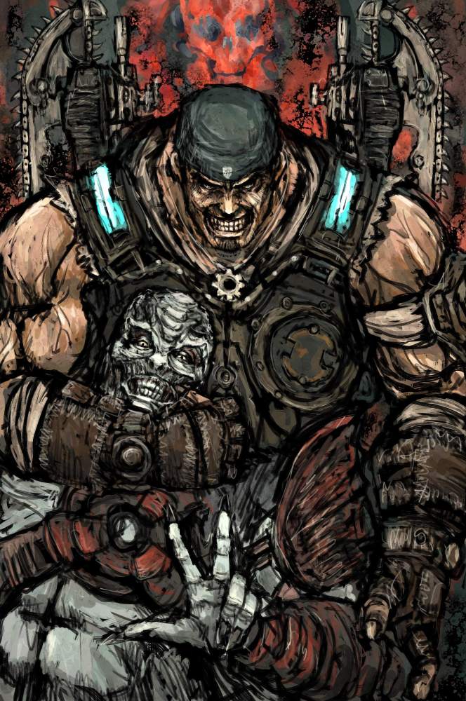 2boys arm_around_neck armor bandana dog_tags evil_grin evil_smile gears_of_war gesture grin gun lancer_(gears_of_war) locust_(gears_of_war) looking_at_viewer male_focus marcus_fenix monster_boy moto_murabito multiple_boys muscular smile v weapon