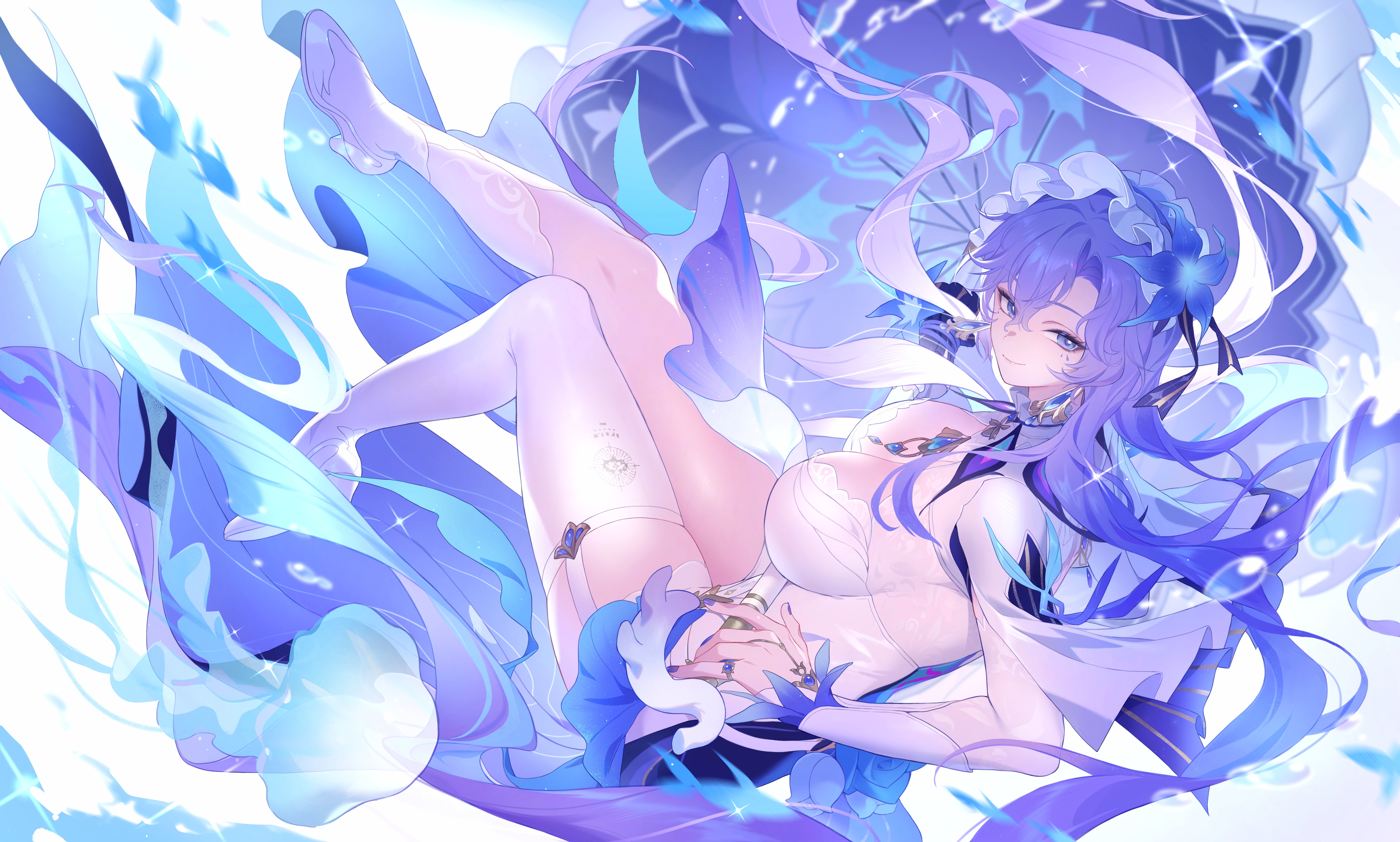 1girl absurdres asymmetrical_legwear birthday_miaoke blue_flower breasts cantarella_(wuthering_waves) commentary dress flower hair_flower hair_ornament headdress high_heels highres jellyfish kneehighs large_breasts long_hair parasol purple_hair purple_umbrella shoes shrug_(clothing) single_kneehigh single_sock single_thighhigh socks solo thighhighs thighs umbrella uneven_legwear very_long_hair white_dress white_shoes white_shrug white_socks white_thighhighs wuthering_waves