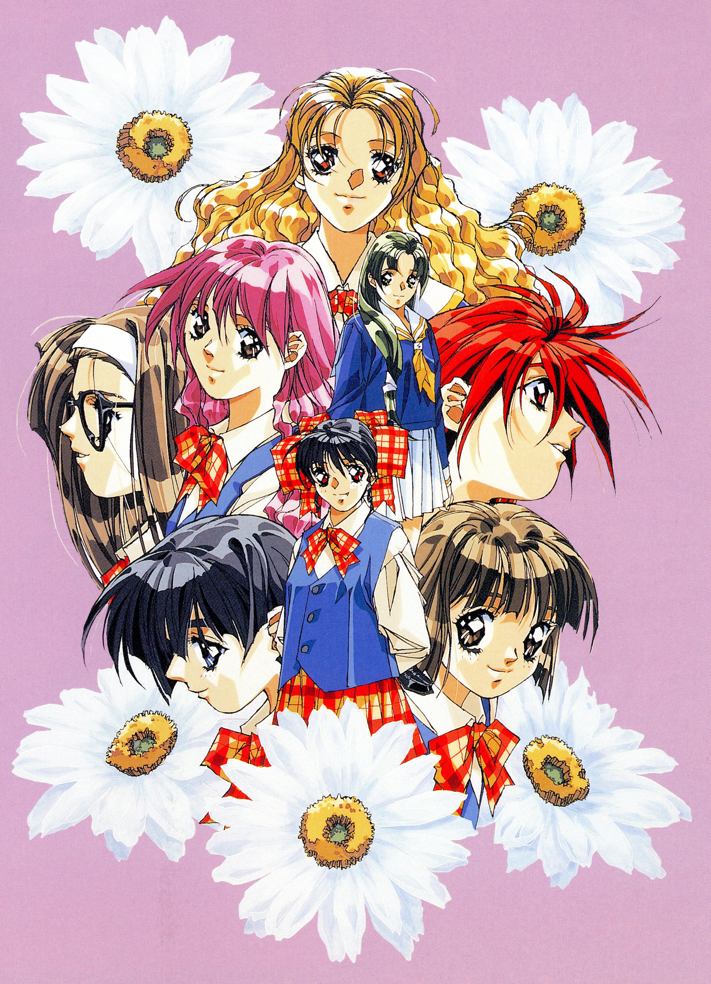 1990s_(style) 6+girls arms_behind_back black-framed_eyewear black_hair blonde_hair blue_eyes blue_vest brown_eyes brown_hair doukyuusei_(series) doukyuusei_2 flower hair_over_shoulder hairband highres light_smile long_bangs long_hair long_sleeves looking_at_viewer maijima_karen minamikawa_youko miniskirt mizuno_tomomi multiple_girls narusawa_yui neckerchief non-web_source official_art parted_lips pink_eyes pink_hair plaid_clothes plaid_skirt pleated_skirt profile red_eyes red_hair retro_artstyle scan school_uniform shinohara_izumi short_hair skirt smile sugimoto_sakurako takei_masaki tsuzuki_kozue vest