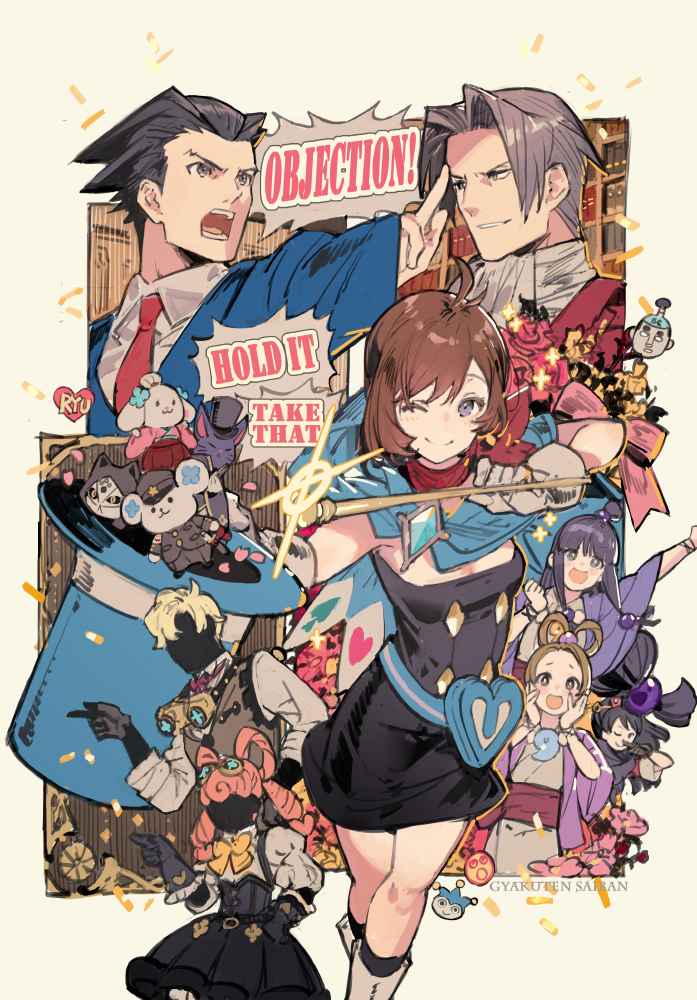 3boys 5girls ace_attorney ace_attorney_investigations ahoge ascot beads belt_pouch black_dress black_gloves black_hair blonde_hair blue_cape blue_headwear blue_jacket blunt_bangs blush_stickers boots bow bow-shaped_hair bowtie breasts brown_hair brown_vest cape chinese_commentary cleavage closed_mouth collared_shirt commentary copyright_name cousins dress drill_hair english_text faceless faceless_female faceless_male formal_clothes frilled_gloves frills gloves goggles goggles_around_neck goggles_on_head grey_eyes grey_gloves grey_hair hair_intakes hair_ornament hair_rings hands_on_own_face hanten_(clothes) hat heart heart_pouch herlock_sholmes high_ponytail holding holding_unworn_clothes holding_unworn_hat holding_wand iris_wilson jacket japanese_clothes jewelry kay_faraday key_hair_ornament kimono knee_boots long_hair looking_ahead looking_at_viewer magatama magatama_necklace maya_fey medium_breasts miles_edgeworth multiple_boys multiple_girls neck_ribbon necklace necktie one_eye_closed open_mouth parted_bangs parted_lips pearl_fey phoenix_wright pink_hair pink_jacket pointing pointing_to_the_side ponytail pouch puffy_sleeves purple_hair purple_jacket red_jacket red_necktie red_ribbon red_sash red_scarf ribbon romaji_text sash scarf shirt short_hair sidelocks spade_(shape) speech_bubble spiked_hair starshadowmagician steel_samurai strapless strapless_dress stuffed_animal stuffed_koala stuffed_toy swept_bangs teeth the_great_ace_attorney top_hat trucy_wright twintails unworn_hat unworn_headwear vest wand white_footwear white_kimono white_shirt yellow_bow yellow_bowtie