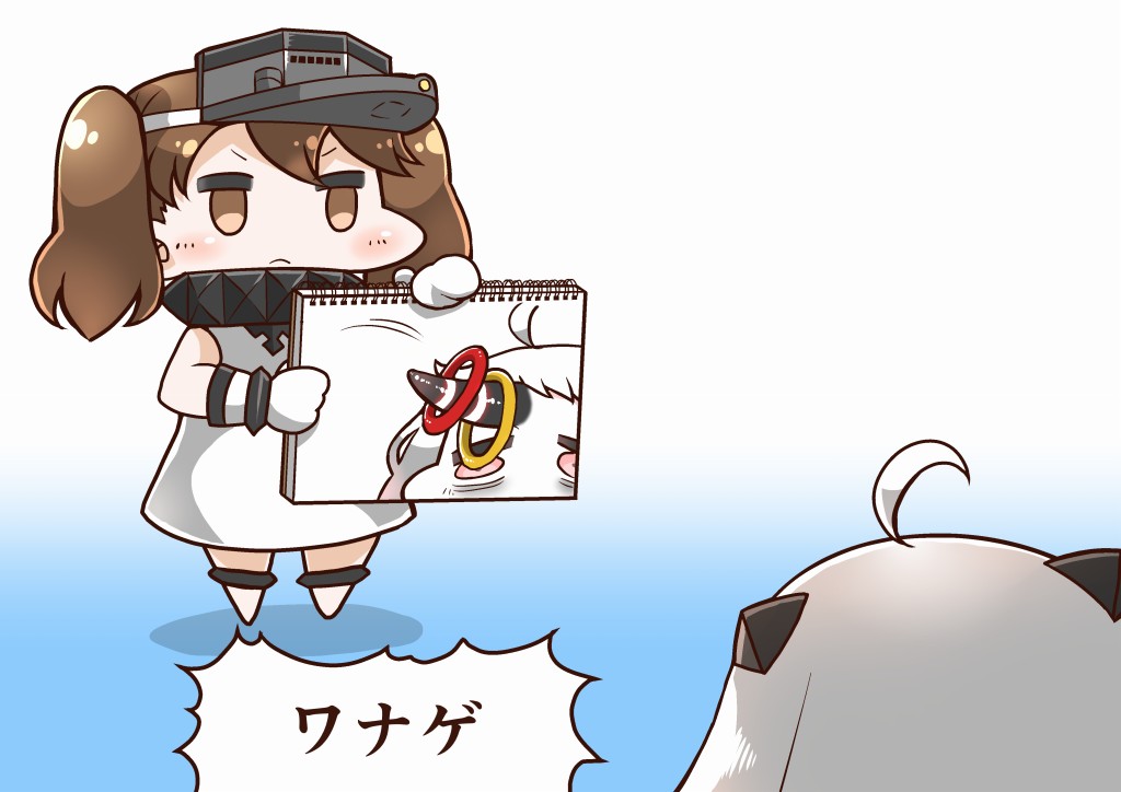 10s 3girls abyssal_ship ahoge alternate_costume brown_eyes brown_hair colored_skin comic cosplay dress horns kantai_collection long_hair mittens multiple_girls northern_ocean_hime_(cosplay) northern_ocean_princess notebook pale_skin red_eyes ryuujou_(kancolle) seaport_princess single_horn sleeveless sleeveless_dress tanaka_kusao twintails visor_cap white_dress white_hair white_skin