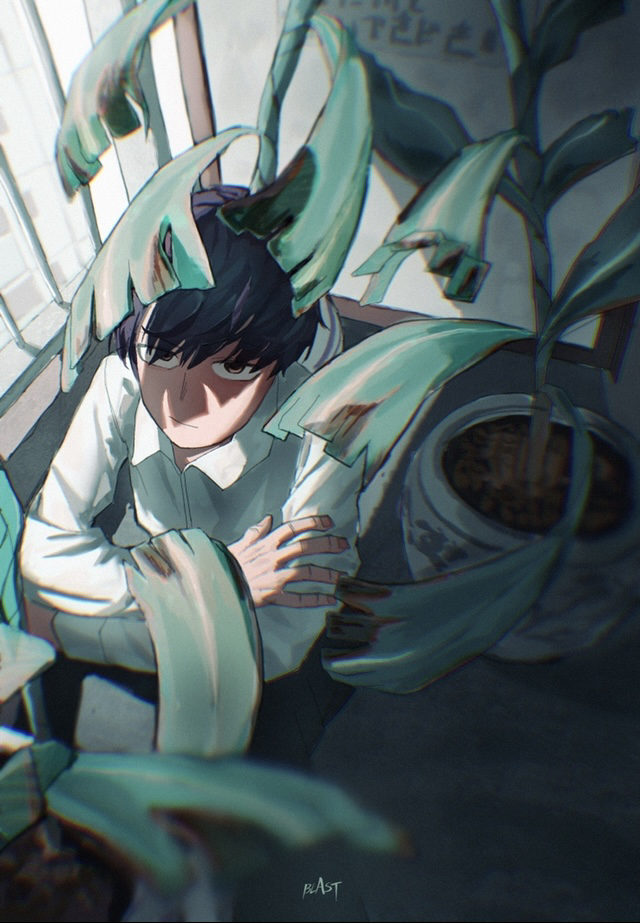 1boy blast-7 blue_hair blurry blurry_foreground brown_eyes chromatic_aberration closed_mouth dark_blue_hair eyes_visible_through_hair figma hair_between_eyes indoors looking_at_viewer male_focus original plant potted_plant signature sitting solo window
