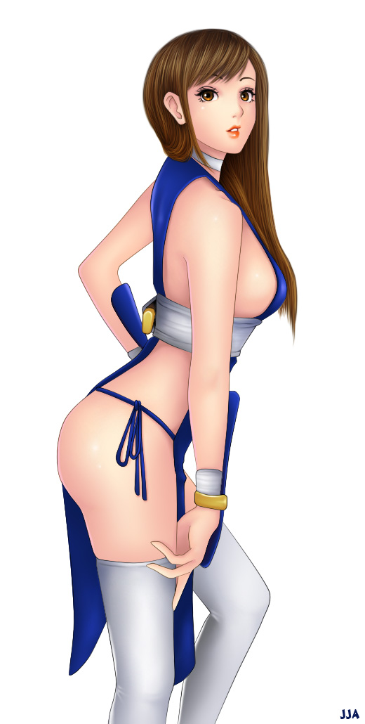 1girl breasts dead_or_alive female_focus hair_down kasumi_(doa) khalitzburg_(user_2274420) large_breasts simple_background solo tecmo thighs white_background