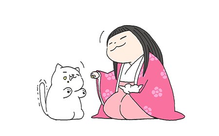 1girl :3 =_= cat crossover closed_eyes japanese_clothes kaguya-hime_no_monogatari lowres manzoku-san me_no_warawa neko_atsume obuchi_(nanakamado1) open_mouth reaching seiza simple_background sitting trait_connection white_background wide_sleeves