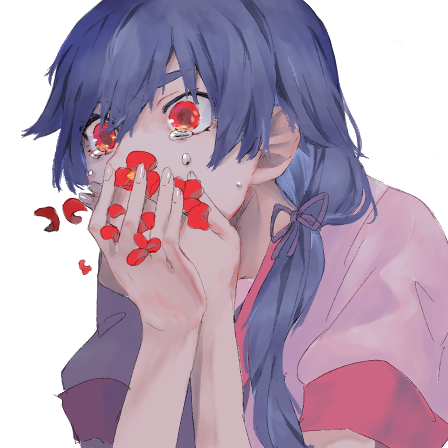 1girl alternate_body_fluid blue_hair coughing_flowers covering_own_mouth flower from_side hair_between_eyes hair_ornament hair_ribbon hairclip hanamonogatari hand_on_own_face hand_to_own_mouth je8 kanbaru_suruga looking_at_viewer monogatari_(series) naoetsu_high_school_uniform puffy_short_sleeves puffy_sleeves purple_ribbon red_eyes red_flower ribbon school_uniform short_sleeves simple_background solo twintails white_background