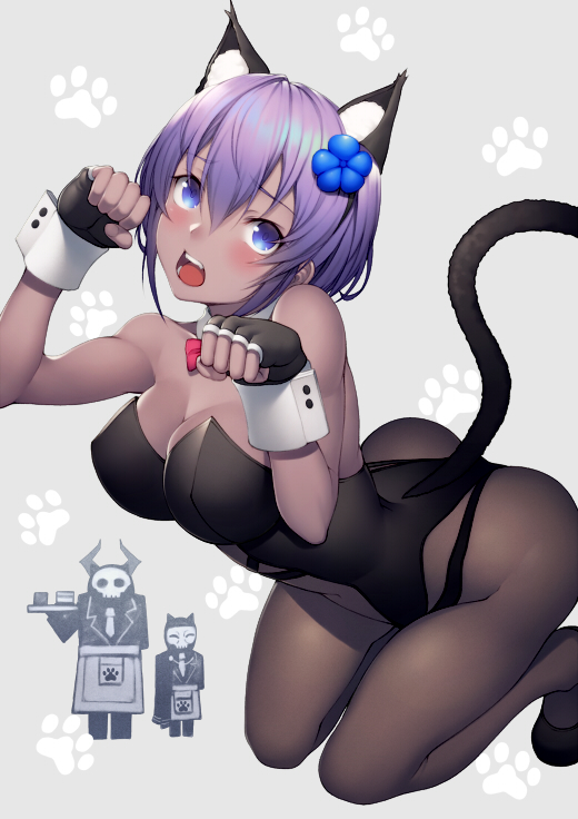 1girl 2boys animal_ears apron banned_artist bare_arms bare_shoulders black_pantyhose blush bodysuit breasts cat_ears cat_tail cleavage dark-skinned_female dark_skin fake_animal_ears fake_tail fate/grand_order fate_(series) flower formal_clothes gloves hair_flower hair_ornament hassan_of_serenity_(fate) hassan_of_the_cursed_arm_(fate) king_hassan_(fate) kittysuit kyoeiki leotard looking_at_viewer multiple_boys nontraditional_playboy_bunny open_mouth pantyhose playboy_bunny purple_eyes purple_hair ribbon short_hair squatting suit tail thighhighs wrist_cuffs