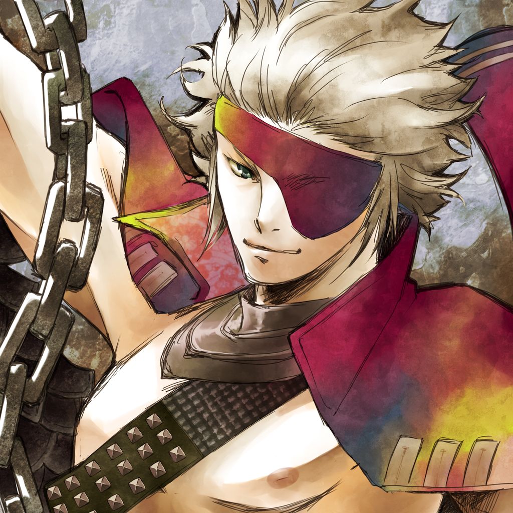1boy blue_eyes chain chousokabe_motochika_(sengoku_basara) grey_background grey_hair hattori_min jacket jacket_on_shoulders looking_at_viewer male_focus nipples portrait purple_jacket sengoku_basara short_hair smirk solo spiked_hair