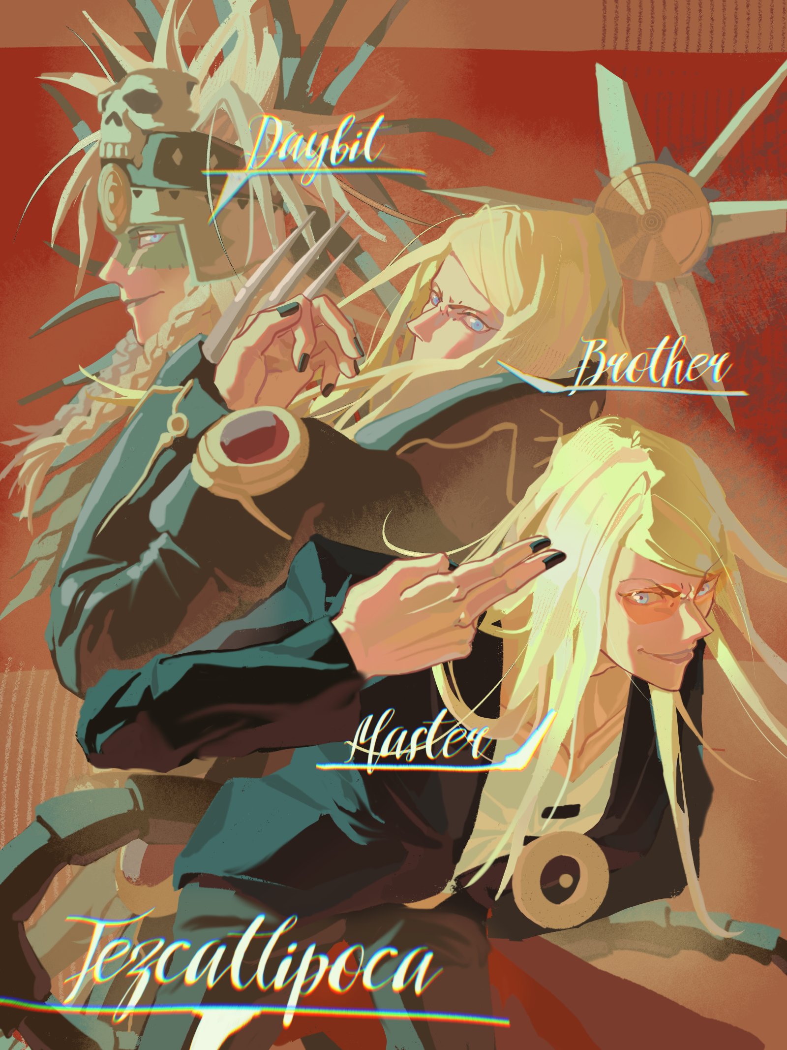 1boy armor aztec black_armor black_coat blonde_hair blue_eyes coat fate/grand_order fate_(series) highres hungrycookies1 long_hair multiple_boys skull tezcatlipoca_(fate) tezcatlipoca_(third_ascension)_(fate)